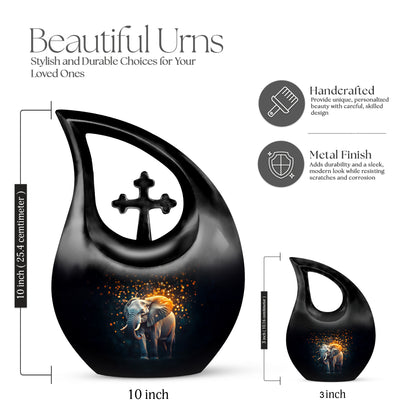 Onyx Black Elephant Cremation Urn back view with polished surface - faith-inspired cross-drop urn with elephant pattern - mini keepsake memorial for portion of cremation ashes
