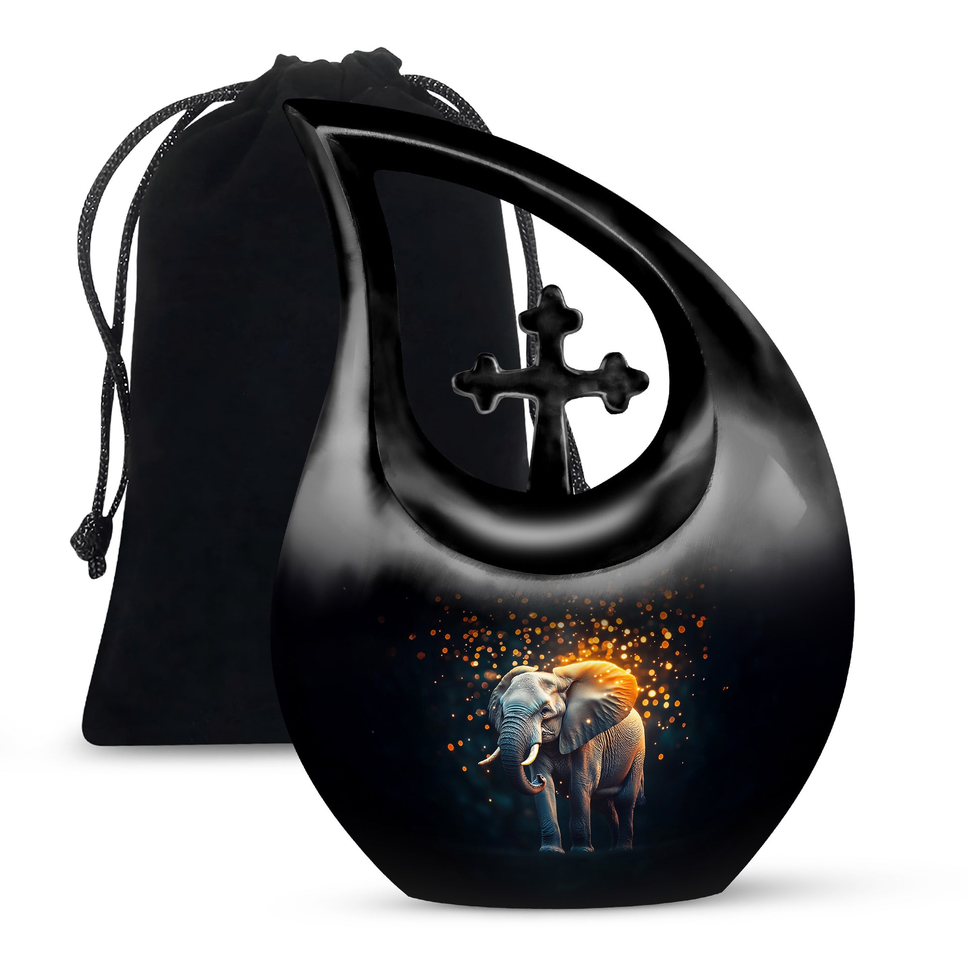Charcoal Black Elephant Cremation Urn top-down view of secure threaded lid - faith-inspired cross-drop urn with elephant pattern - full-size 10 inch 200 cubic inch adult cremation urn