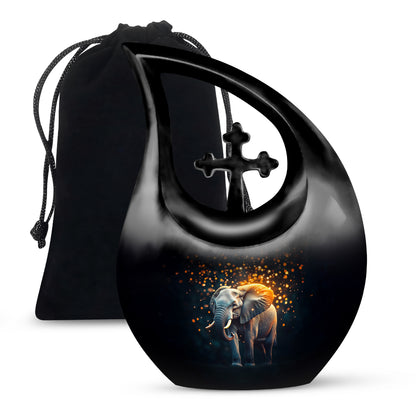 Charcoal Black Elephant Cremation Urn top-down view of secure threaded lid - faith-inspired cross-drop urn with elephant pattern - full-size 10 inch 200 cubic inch adult cremation urn
