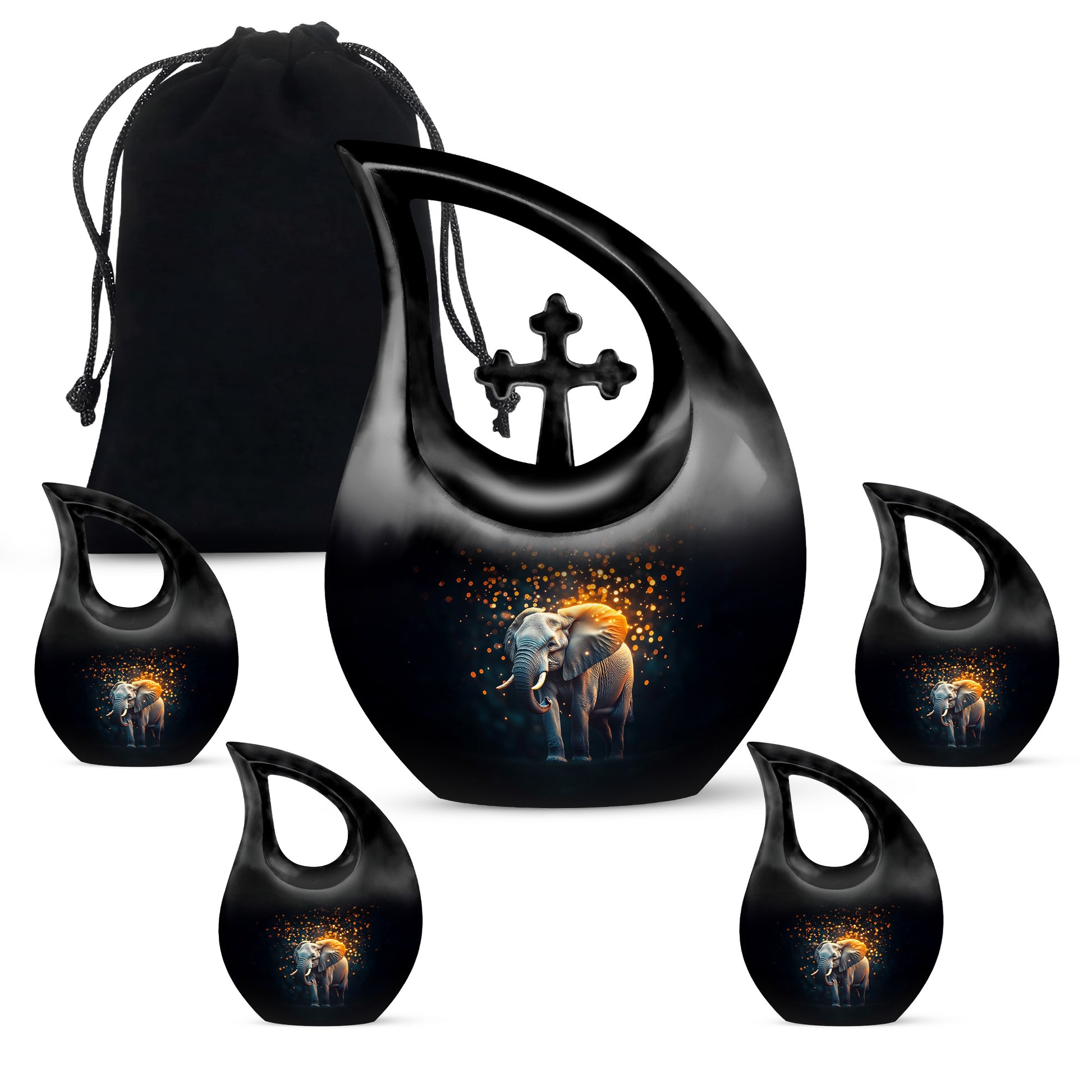 Charcoal Black Elephant Cremation Urn urn with complimentary velvet bag - devotional cross-drop elephant engraving - memorial set with one large and four small urns