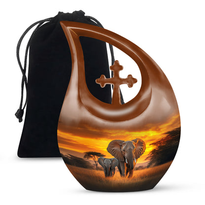 Harvest Gold Elephant Cremation Urn top-down view of secure threaded lid - faith-inspired cross-drop urn with elephant pattern - full-size 10 inch 200 cubic inch adult cremation urn