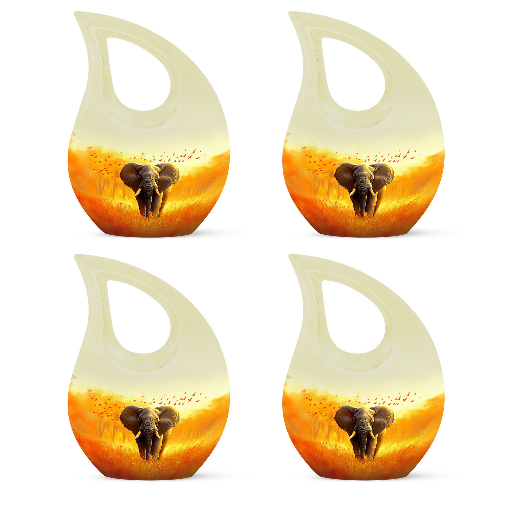 Harvest Gold Elephant Cremation Urn lifestyle display on memorial shelf - devotional cross-drop elephant engraving - 10 inch aluminum urn for cremated remains