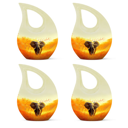 Harvest Gold Elephant Cremation Urn lifestyle display on memorial shelf - devotional cross-drop elephant engraving - 10 inch aluminum urn for cremated remains