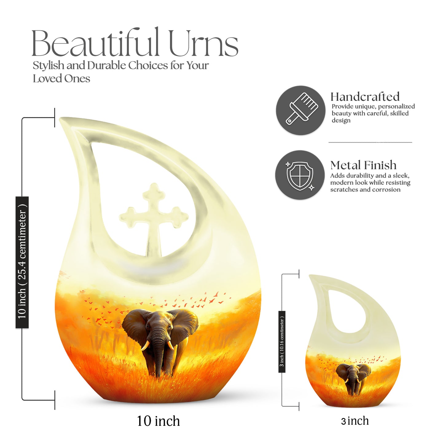 Amber Gold Elephant Cremation Urn back view with polished surface - sacred cross merged with elephant motif on metal - mini keepsake memorial for portion of cremation ashes