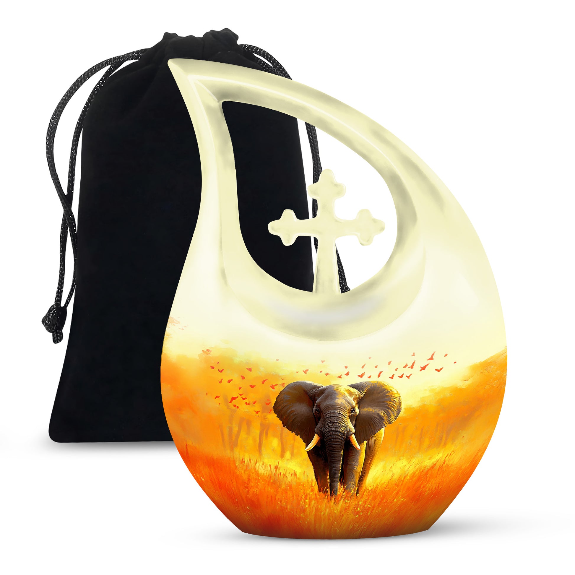 Harvest Gold Elephant Cremation Urn top-down view of secure threaded lid - devotional cross-drop elephant engraving - full-size 10 inch 200 cubic inch adult cremation urn