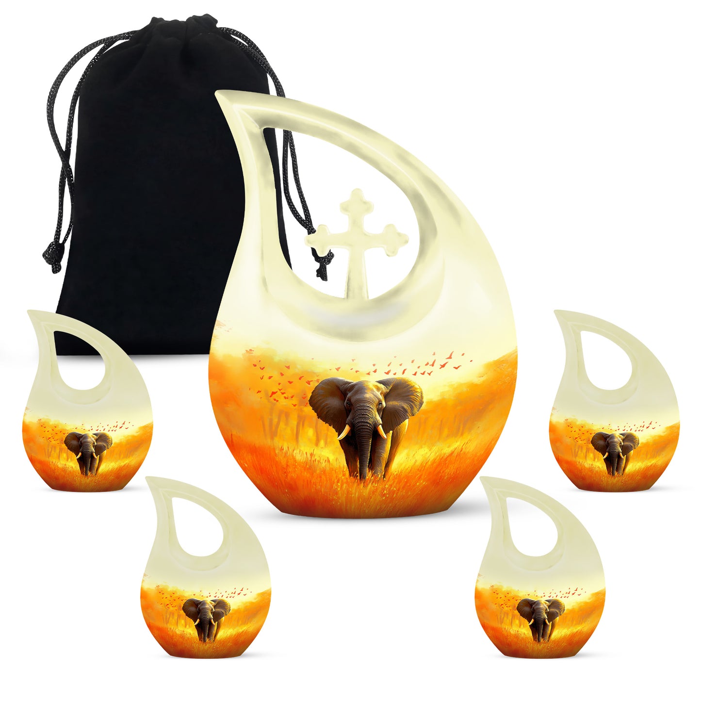 Warm Gold Elephant Cremation Urn urn with complimentary velvet bag - faith-inspired cross-drop urn with elephant pattern - memorial set with one large and four small urns