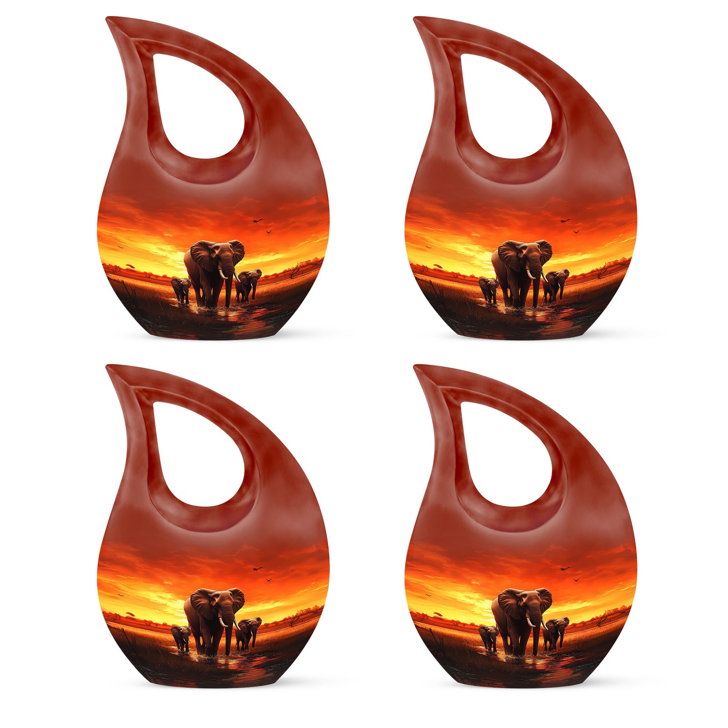 Scarlet Red Elephant Cremation Urn lifestyle display on memorial shelf - faith-inspired cross-drop urn with elephant pattern - 10 inch aluminum urn for cremated remains