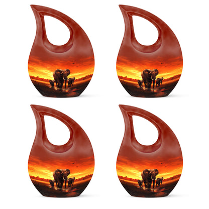Scarlet Red Elephant Cremation Urn lifestyle display on memorial shelf - faith-inspired cross-drop urn with elephant pattern - 10 inch aluminum urn for cremated remains