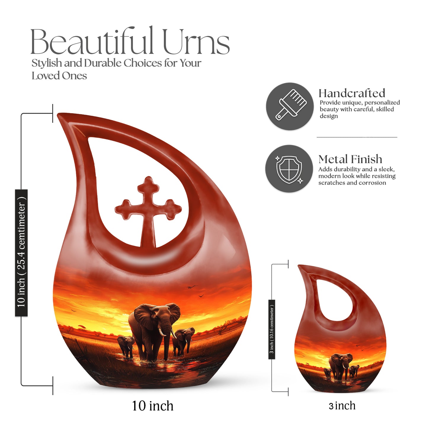 Wine Red Elephant Cremation Urn back view with polished surface - cross and elephant combined in spiritual memorial design - mini keepsake memorial for portion of cremation ashes