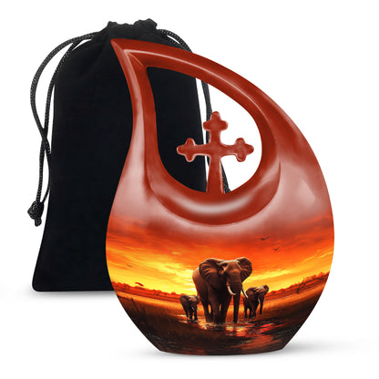 Cherry Red Elephant Cremation Urn top-down view of secure threaded lid - faith-inspired cross-drop urn with elephant pattern - full-size 10 inch 200 cubic inch adult cremation urn