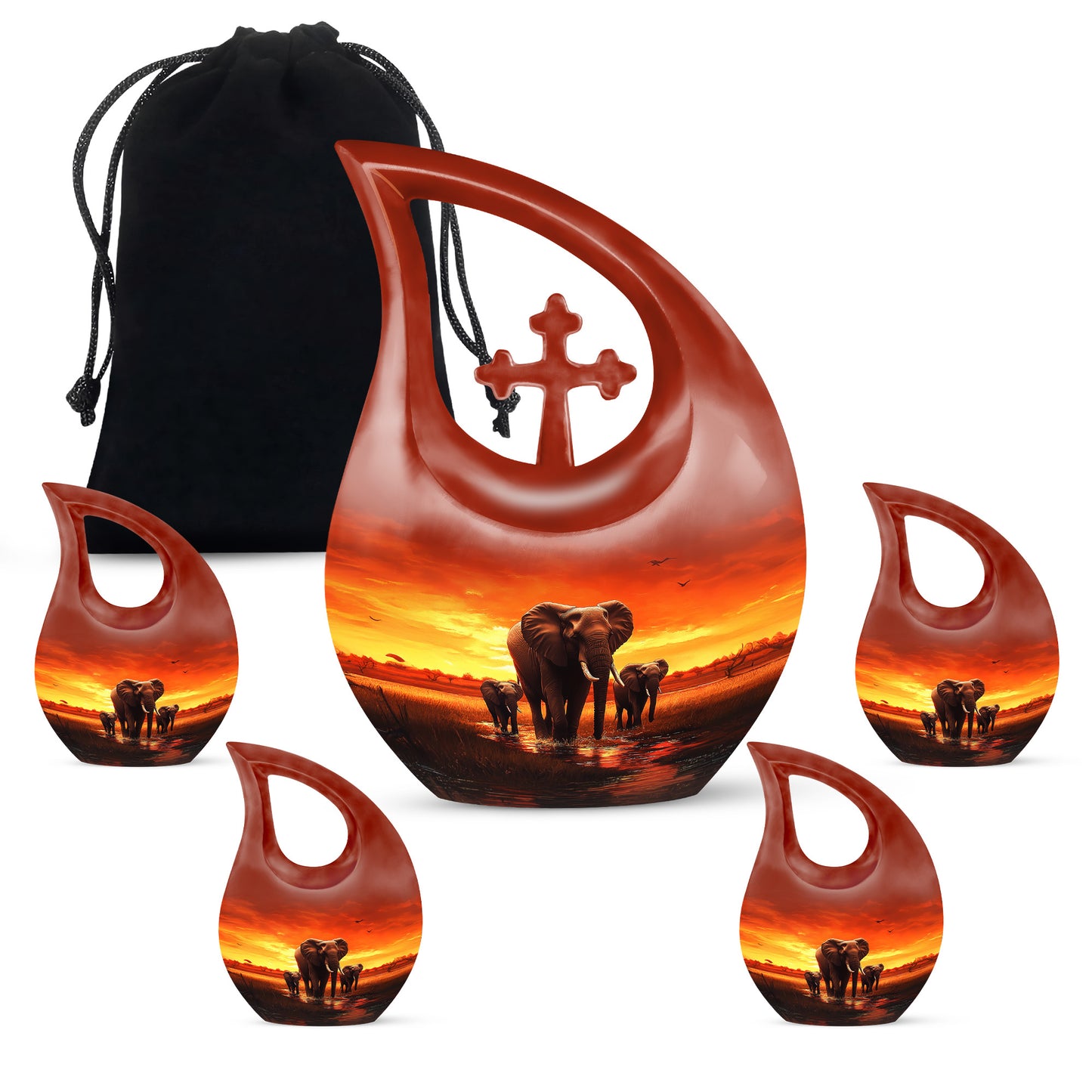 Deep Red Elephant Cremation Urn urn with complimentary velvet bag - cross and elephant combined in spiritual memorial design - memorial set with one large and four small urns