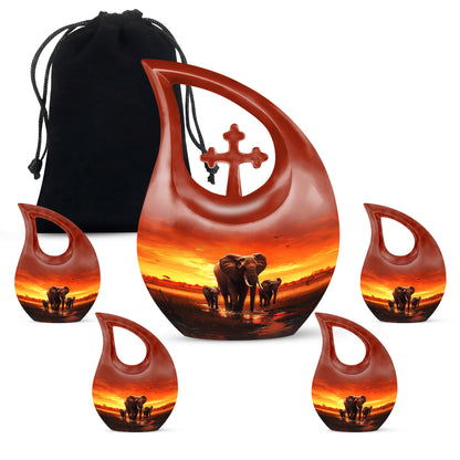 Deep Red Elephant Cremation Urn urn with complimentary velvet bag - cross and elephant combined in spiritual memorial design - memorial set with one large and four small urns