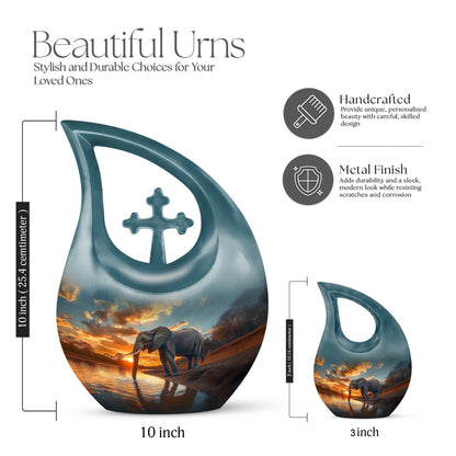 Aqua Teal Elephant Cremation Urn back view with polished surface - devotional cross-drop elephant engraving - mini keepsake memorial for portion of cremation ashes