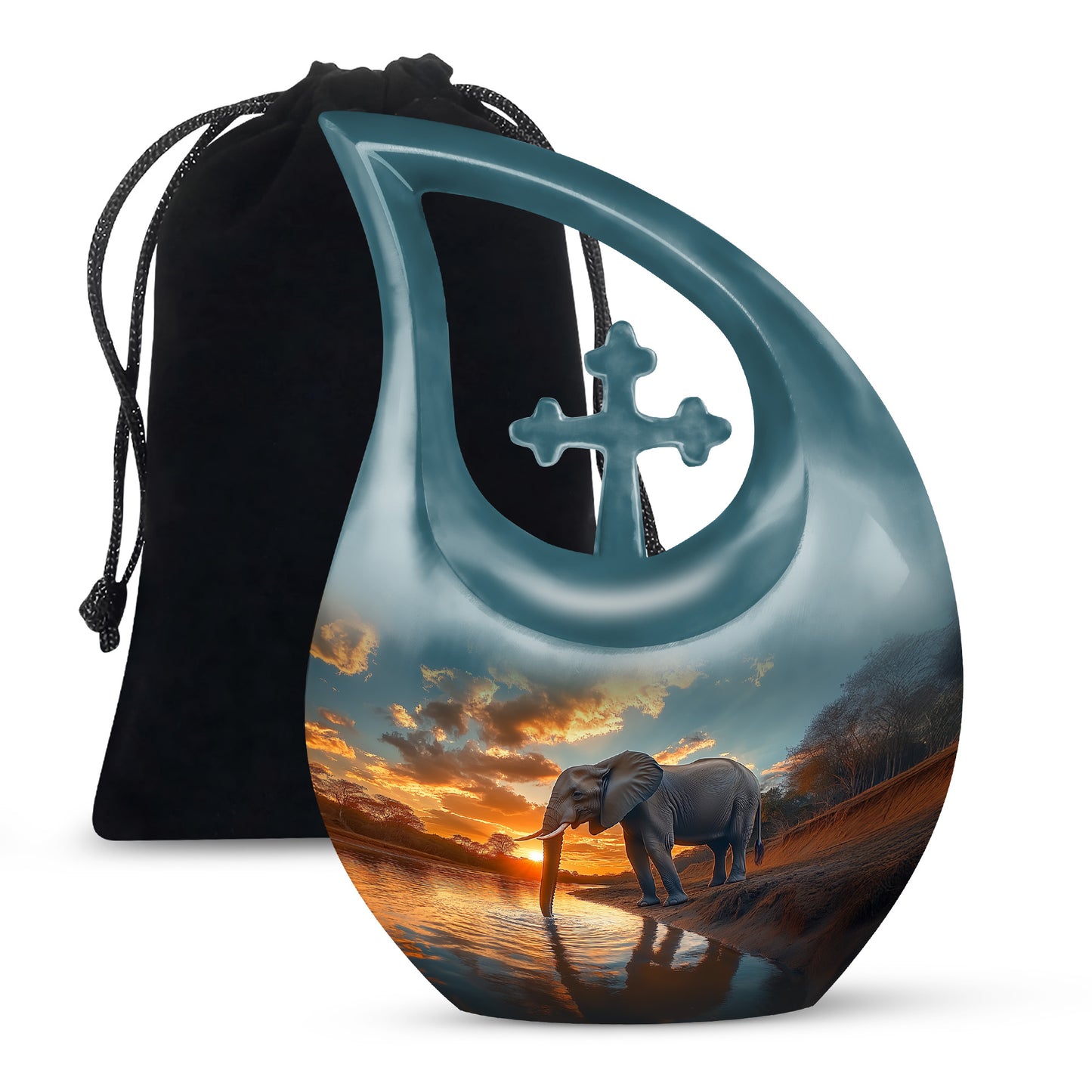 Vivid Teal Elephant Cremation Urn top-down view of secure threaded lid - devotional cross-drop elephant engraving - full-size 10 inch 200 cubic inch adult cremation urn
