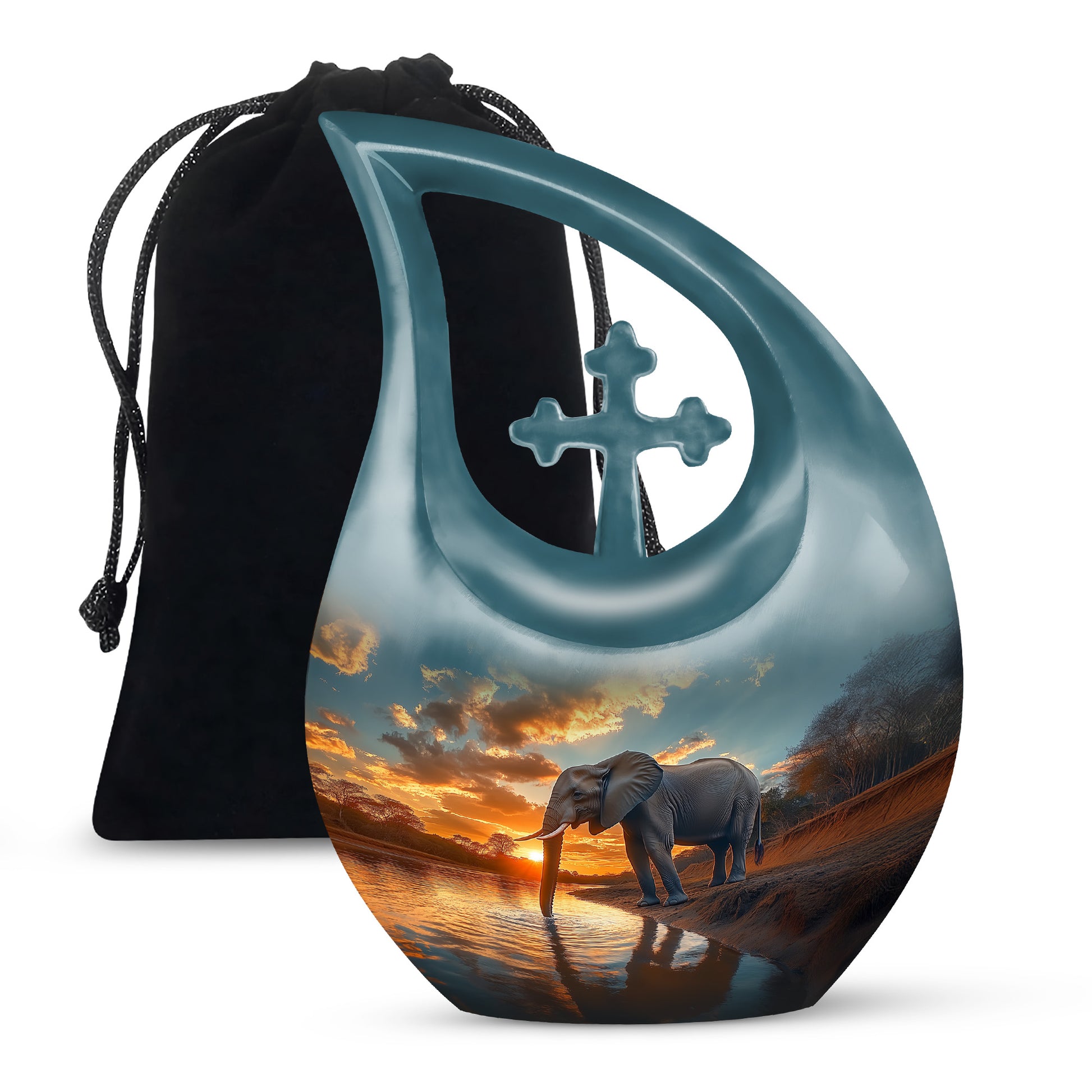 Vivid Teal Elephant Cremation Urn top-down view of secure threaded lid - devotional cross-drop elephant engraving - full-size 10 inch 200 cubic inch adult cremation urn