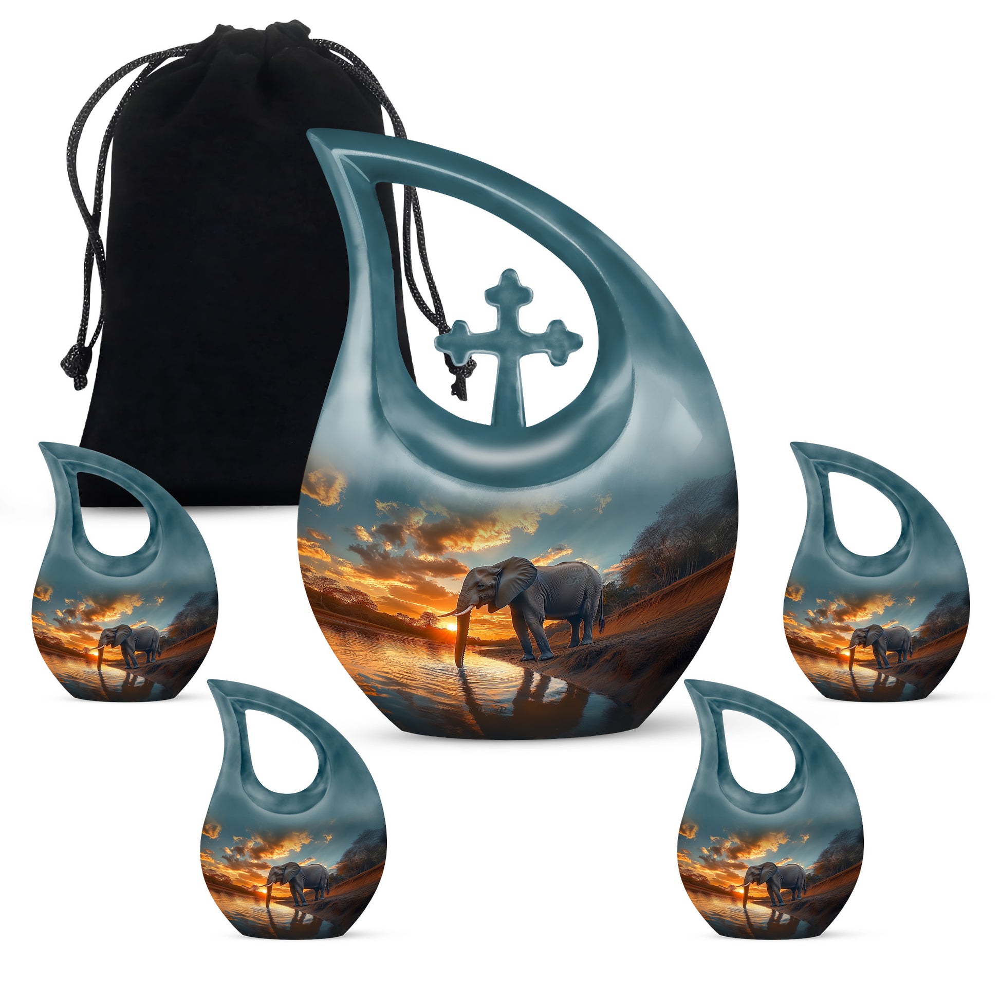 Sea Green Teal Elephant Cremation Urn urn with complimentary velvet bag - cross and elephant combined in spiritual memorial design - memorial set with one large and four small urns