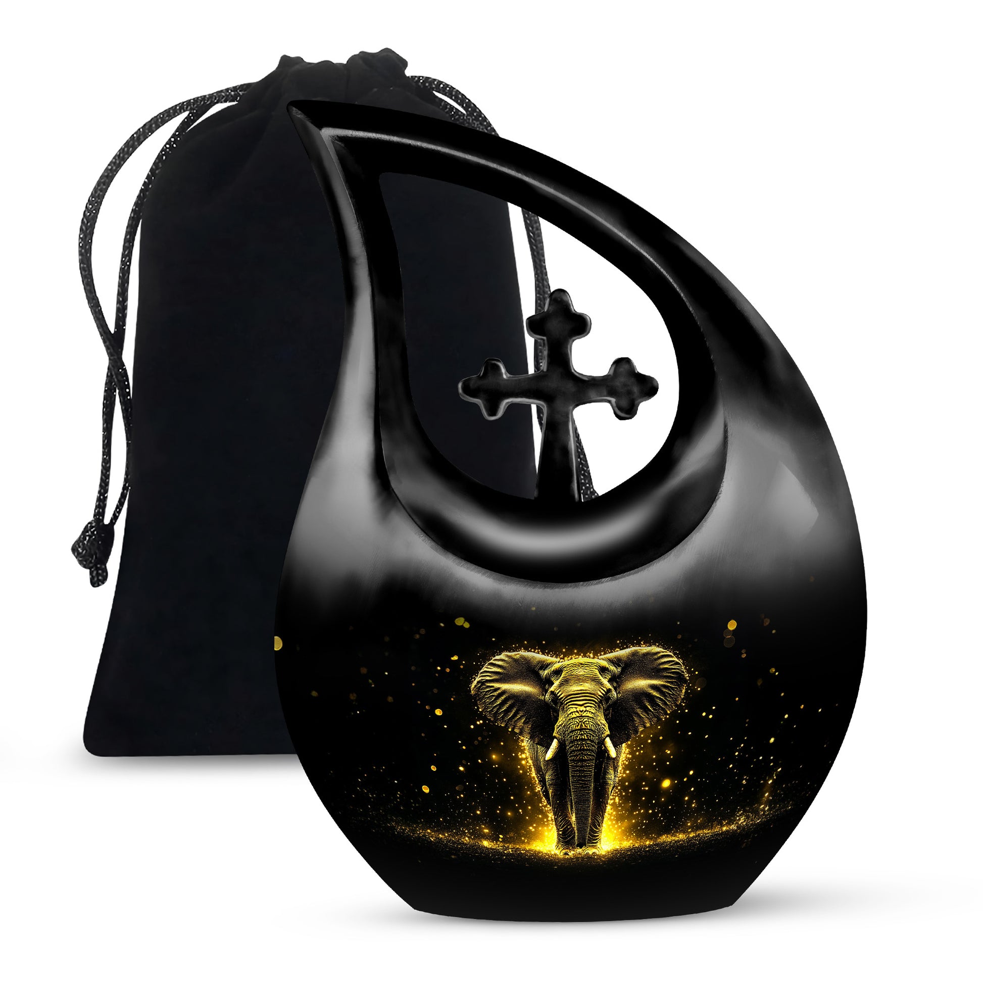 Glossy Black Elephant Cremation Urn top-down view of secure threaded lid - cross and elephant combined in spiritual memorial design - full-size 10 inch 200 cubic inch adult cremation urn