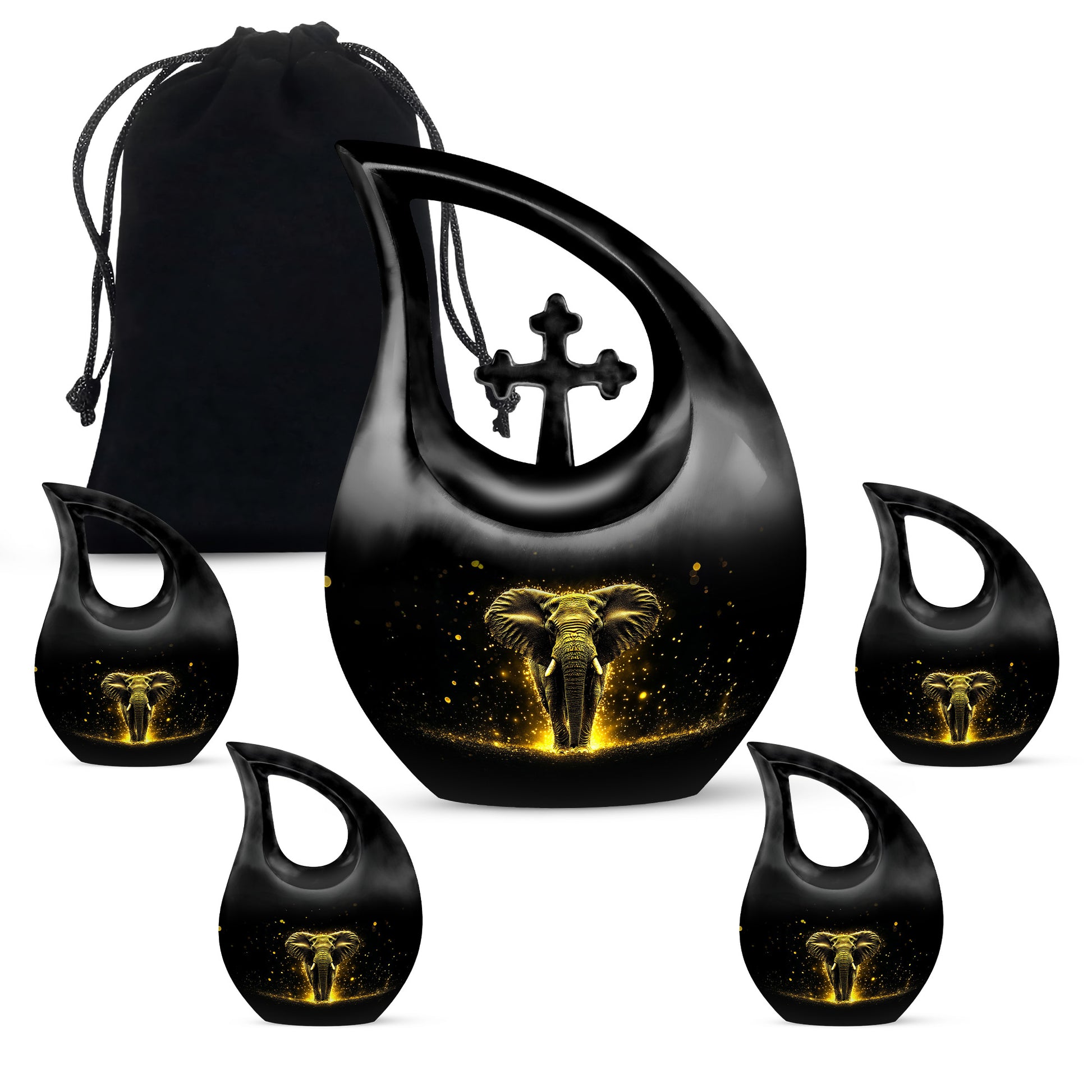 Obsidian Black Elephant Cremation Urn urn with complimentary velvet bag - faith-inspired cross-drop urn with elephant pattern - memorial set with one large and four small urns