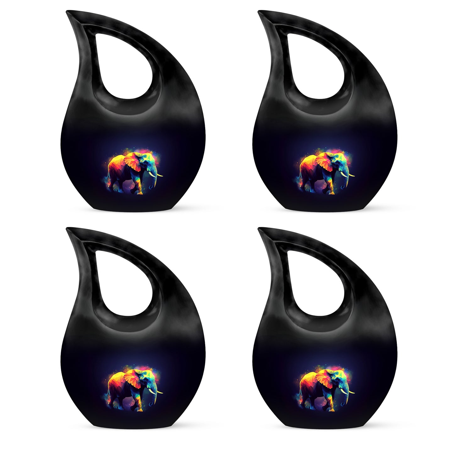Midnight Black Elephant Cremation Urn lifestyle display on memorial shelf - faith-inspired cross-drop urn with elephant pattern - 10 inch aluminum urn for cremated remains
