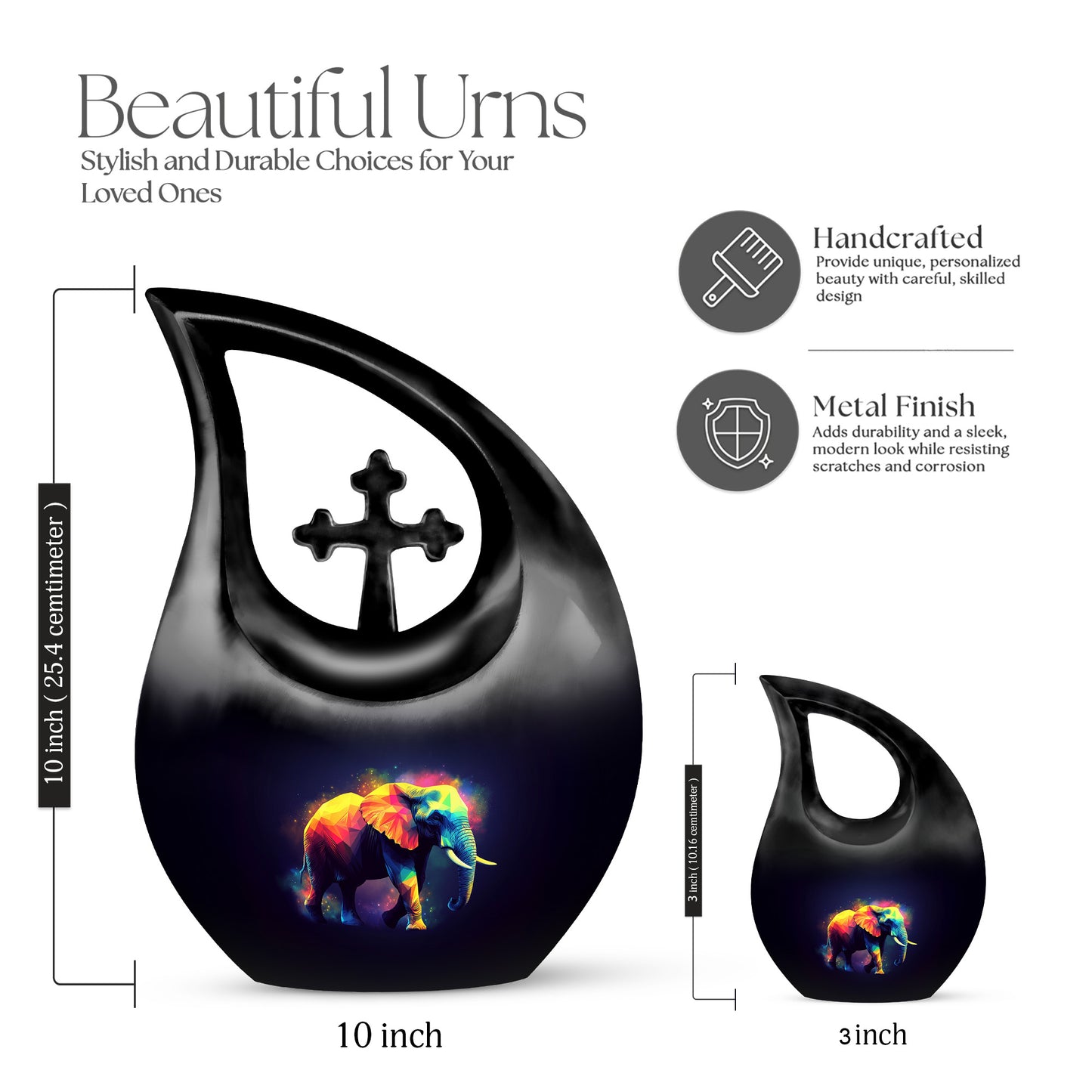 Glossy Black Elephant Cremation Urn back view with polished surface - sacred cross merged with elephant motif on metal - mini keepsake memorial for portion of cremation ashes