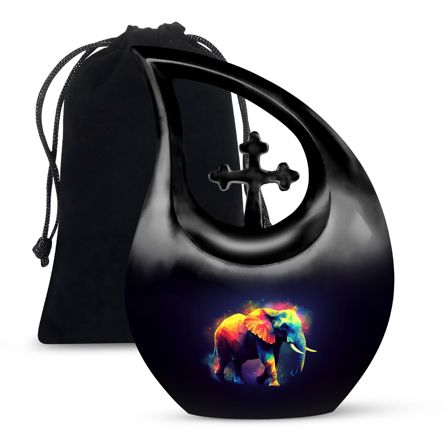 Ebony Elephant Cremation Urn top-down view of secure threaded lid - sacred cross merged with elephant motif on metal - full-size 10 inch 200 cubic inch adult cremation urn