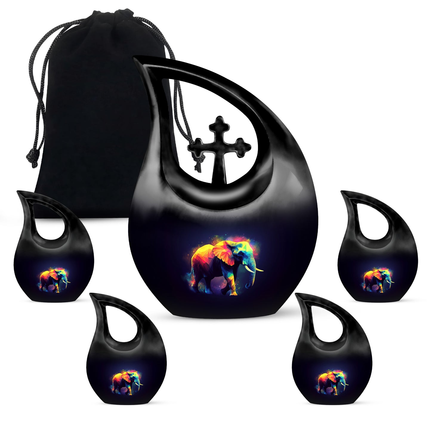 Dark Black Elephant Cremation Urn urn with complimentary velvet bag - faith-inspired cross-drop urn with elephant pattern - memorial set with one large and four small urns