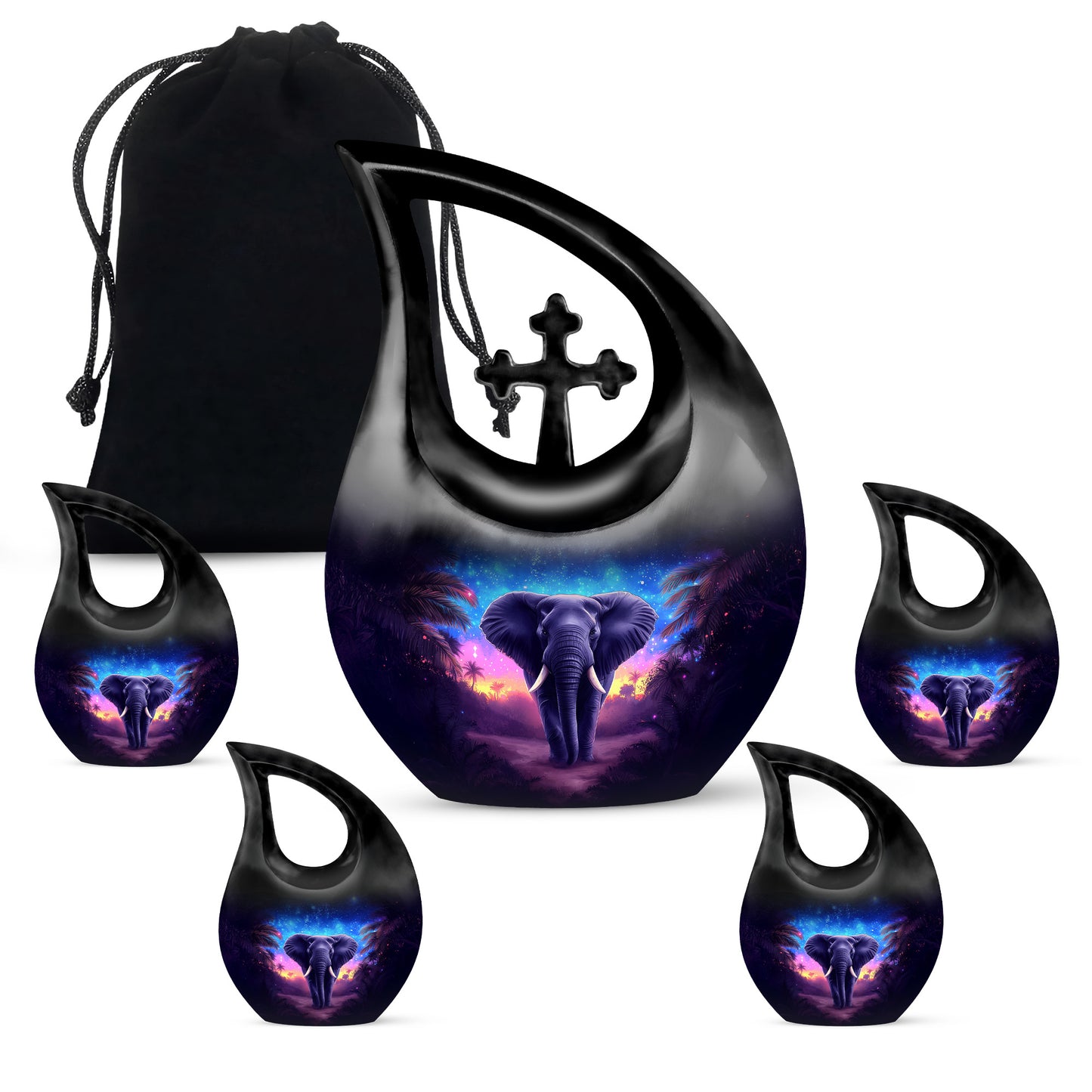 Icy Blue Elephant Cremation Urn urn with complimentary velvet bag - sacred cross merged with elephant motif on metal - memorial set with one large and four small urns