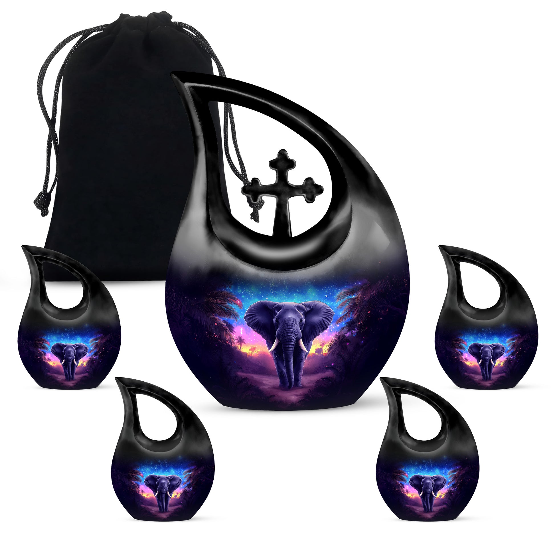 Icy Blue Elephant Cremation Urn urn with complimentary velvet bag - sacred cross merged with elephant motif on metal - memorial set with one large and four small urns