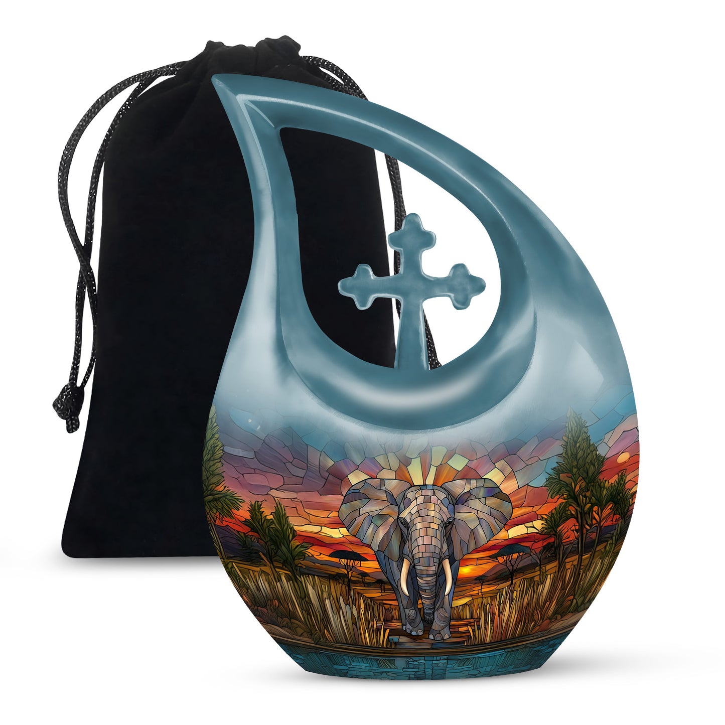 Amber Gold Elephant Cremation Urn top-down view of secure threaded lid - sacred cross merged with elephant motif on metal - full-size 10 inch 200 cubic inch adult cremation urn