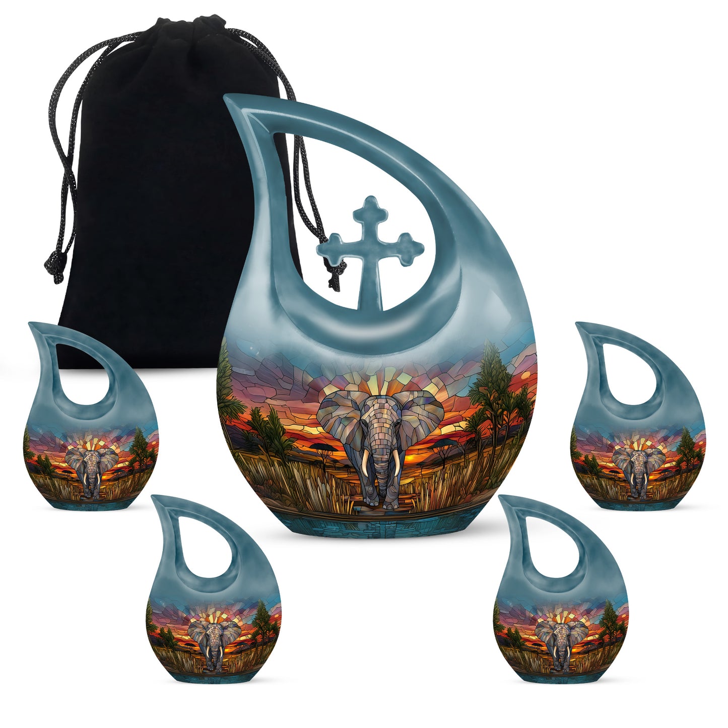 Harvest Gold Elephant Cremation Urn urn with complimentary velvet bag - faith-inspired cross-drop urn with elephant pattern - memorial set with one large and four small urns