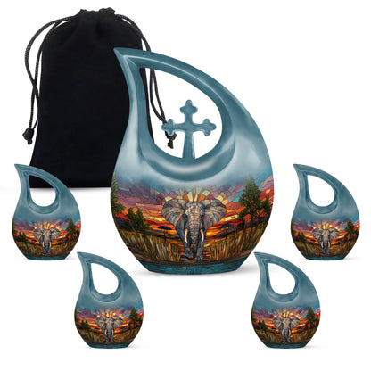 Harvest Gold Elephant Cremation Urn urn with complimentary velvet bag - faith-inspired cross-drop urn with elephant pattern - memorial set with one large and four small urns