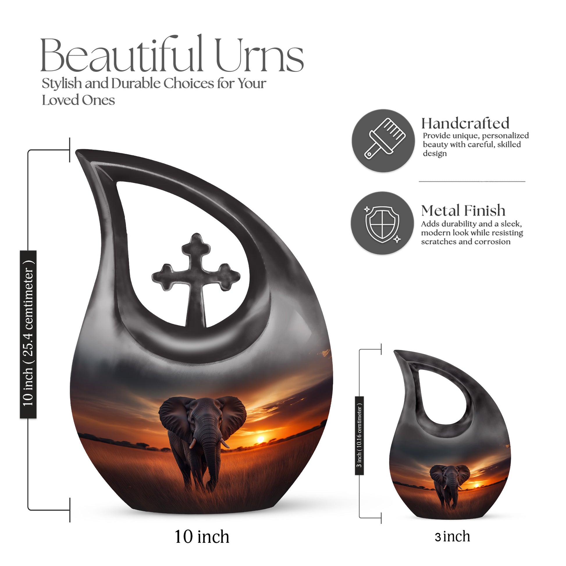 Celestial Blue Elephant Cremation Urn back view with polished surface - cross and elephant combined in spiritual memorial design - mini keepsake memorial for portion of cremation ashes