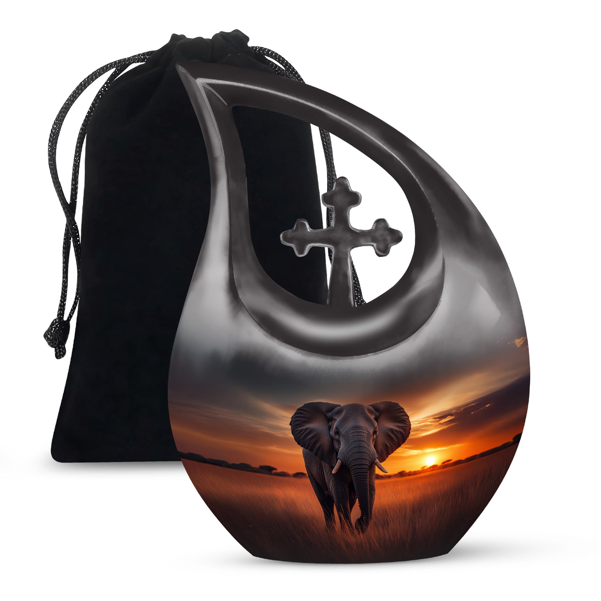 Cornflower Blue Elephant Cremation Urn top-down view of secure threaded lid - devotional cross-drop elephant engraving - full-size 10 inch 200 cubic inch adult cremation urn