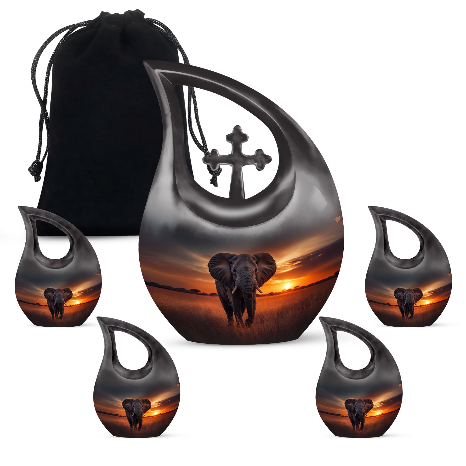 Sky Blue Elephant Cremation Urn urn with complimentary velvet bag - cross and elephant combined in spiritual memorial design - memorial set with one large and four small urns