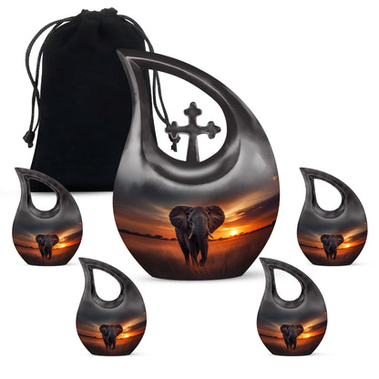Sky Blue Elephant Cremation Urn urn with complimentary velvet bag - cross and elephant combined in spiritual memorial design - memorial set with one large and four small urns