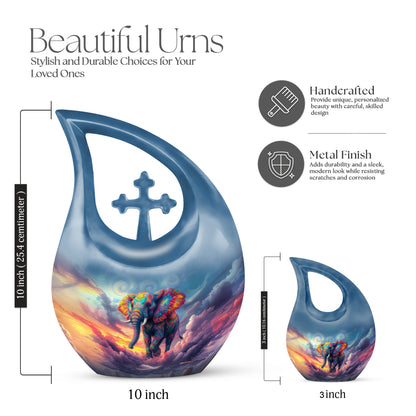 Calming Blue Elephant Cremation Urn back view with polished surface - devotional cross-drop elephant engraving - mini keepsake memorial for portion of cremation ashes