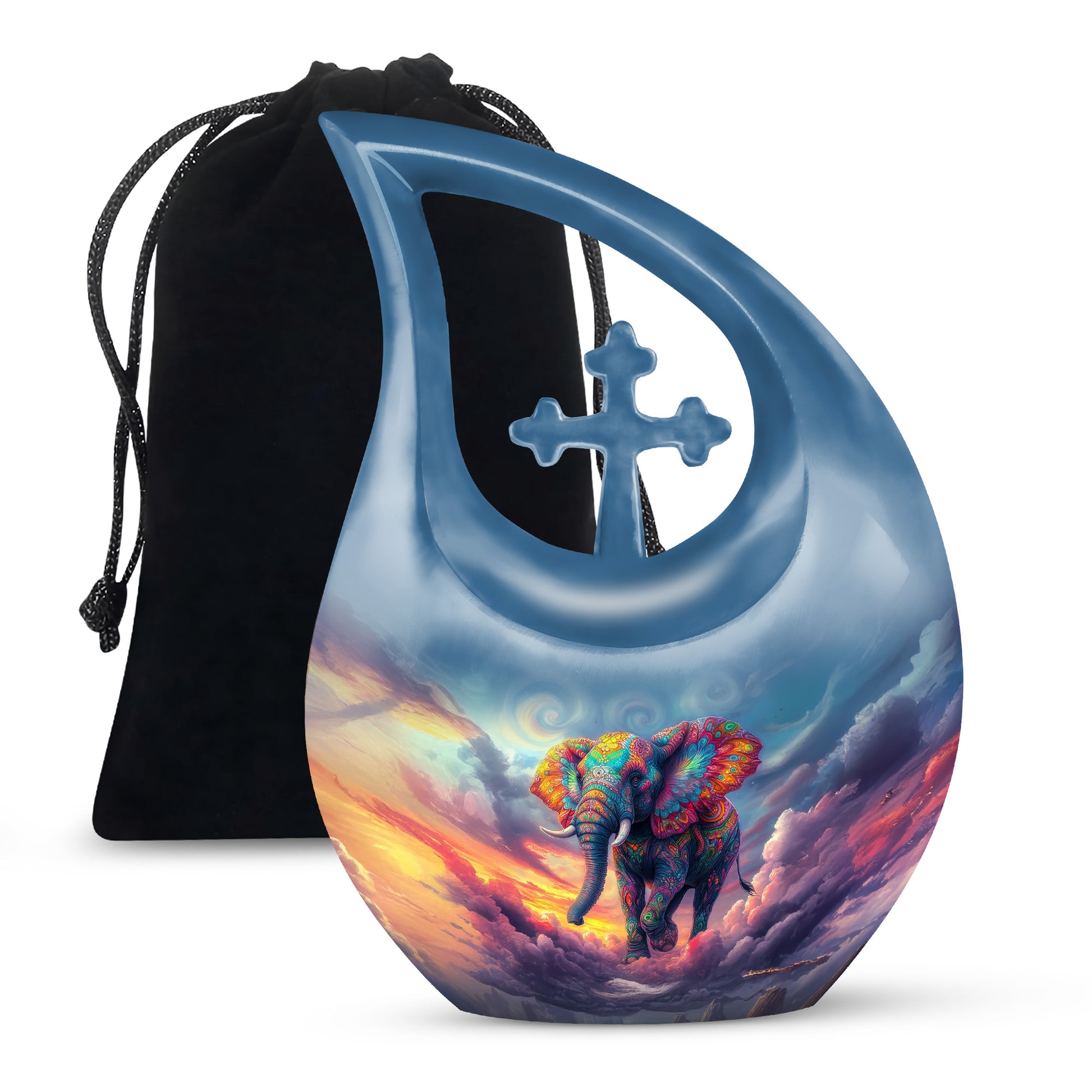Indigo Elephant Cremation Urn top-down view of secure threaded lid - cross and elephant combined in spiritual memorial design - full-size 10 inch 200 cubic inch adult cremation urn