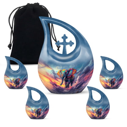 Slate Blue Elephant Cremation Urn urn with complimentary velvet bag - cross and elephant combined in spiritual memorial design - memorial set with one large and four small urns