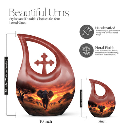 Wine Red Elephant Cremation Urn back view with polished surface - cross and elephant combined in spiritual memorial design - mini keepsake memorial for portion of cremation ashes