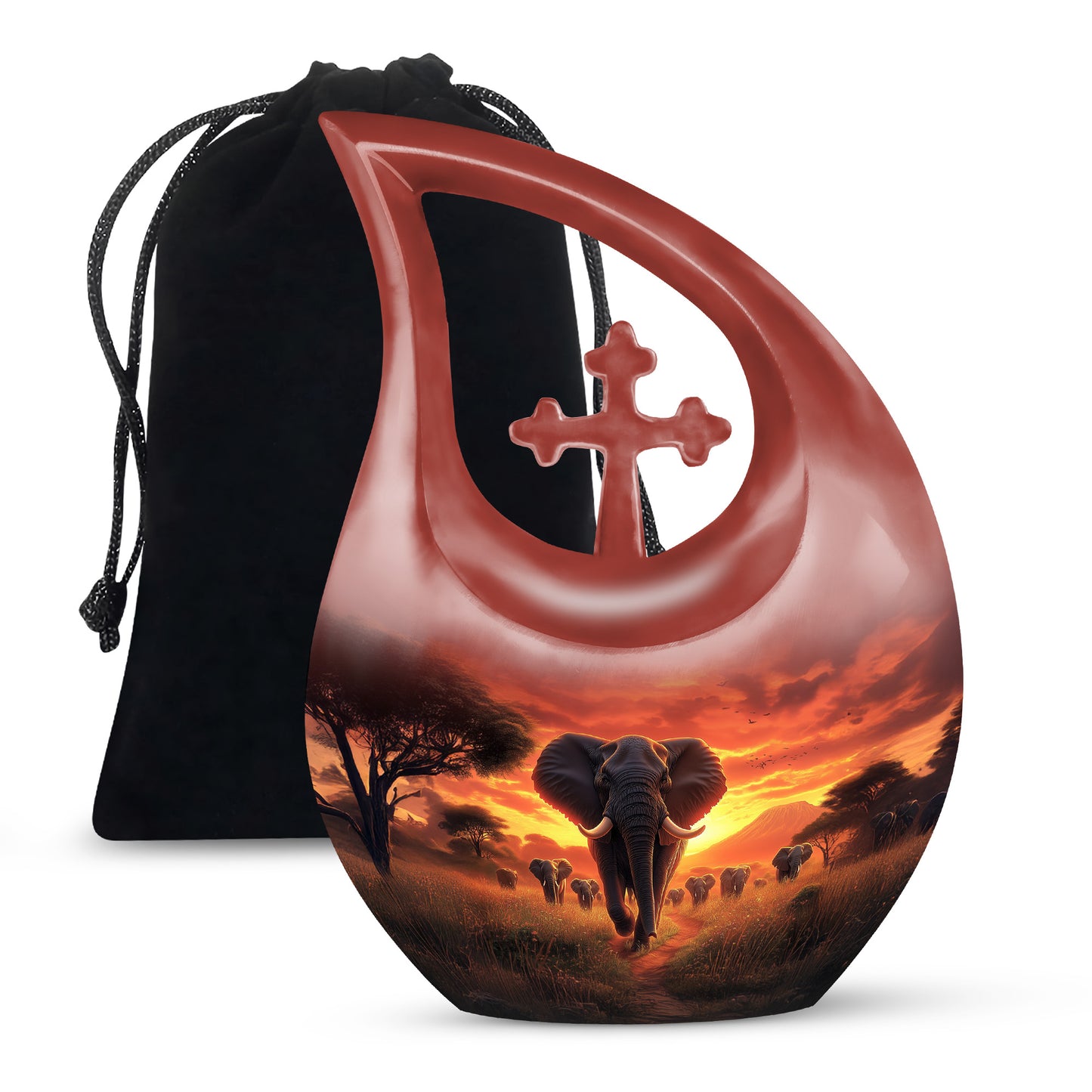 Wine Red Elephant Cremation Urn top-down view of secure threaded lid - sacred cross merged with elephant motif on metal - full-size 10 inch 200 cubic inch adult cremation urn