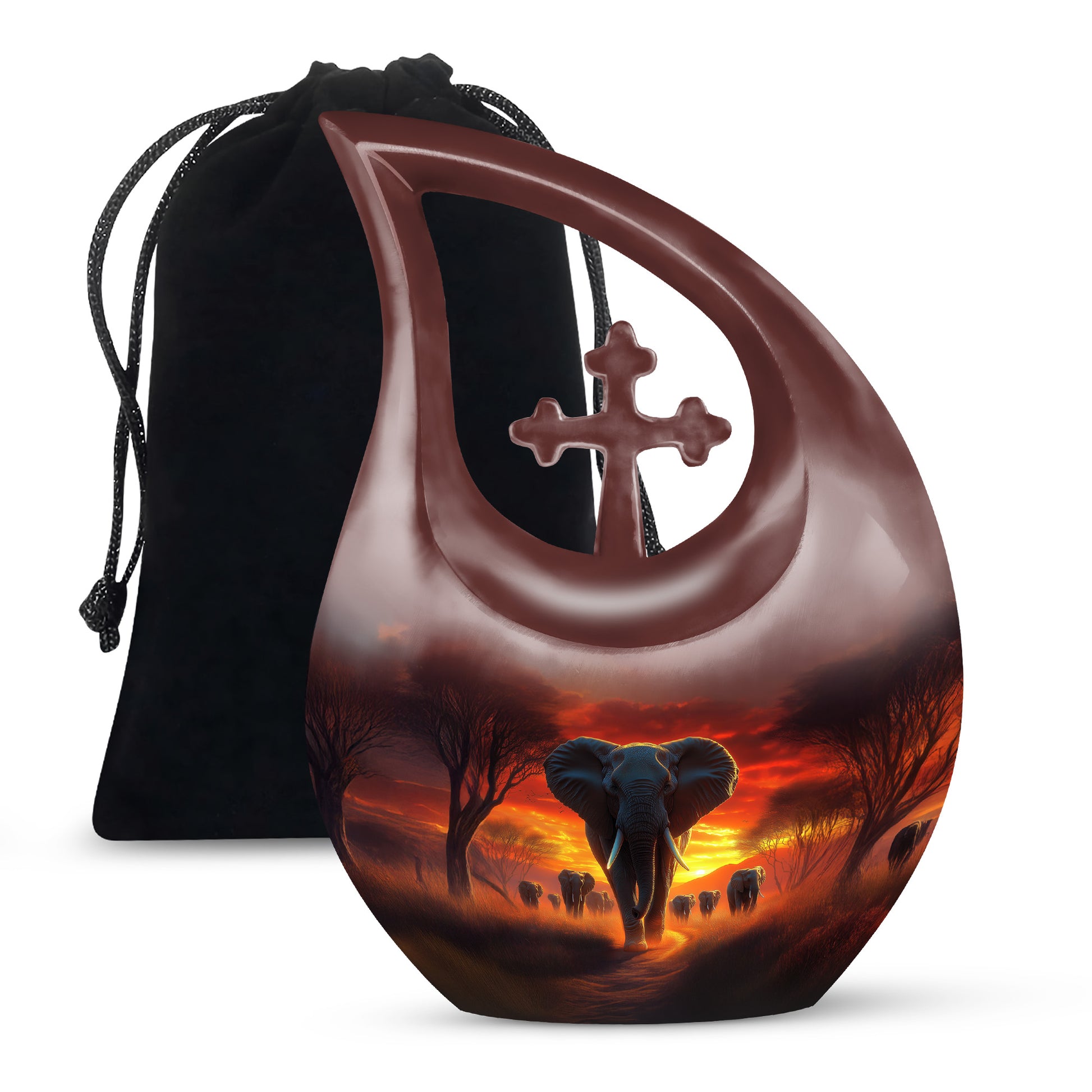 Scarlet Red Elephant Cremation Urn top-down view of secure threaded lid - devotional cross-drop elephant engraving - full-size 10 inch 200 cubic inch adult cremation urn