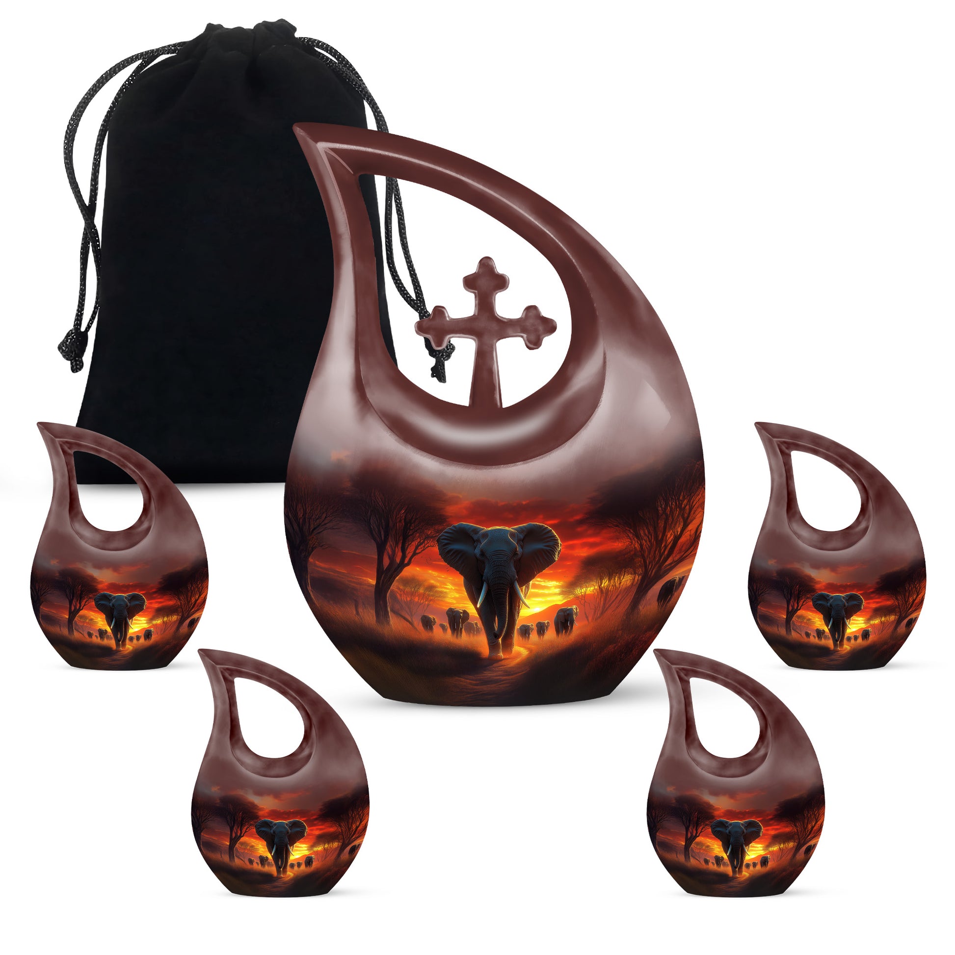 Ruby Red Elephant Cremation Urn urn with complimentary velvet bag - devotional cross-drop elephant engraving - memorial set with one large and four small urns