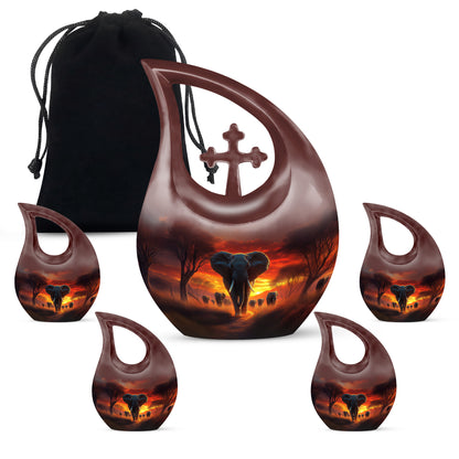 Ruby Red Elephant Cremation Urn urn with complimentary velvet bag - devotional cross-drop elephant engraving - memorial set with one large and four small urns