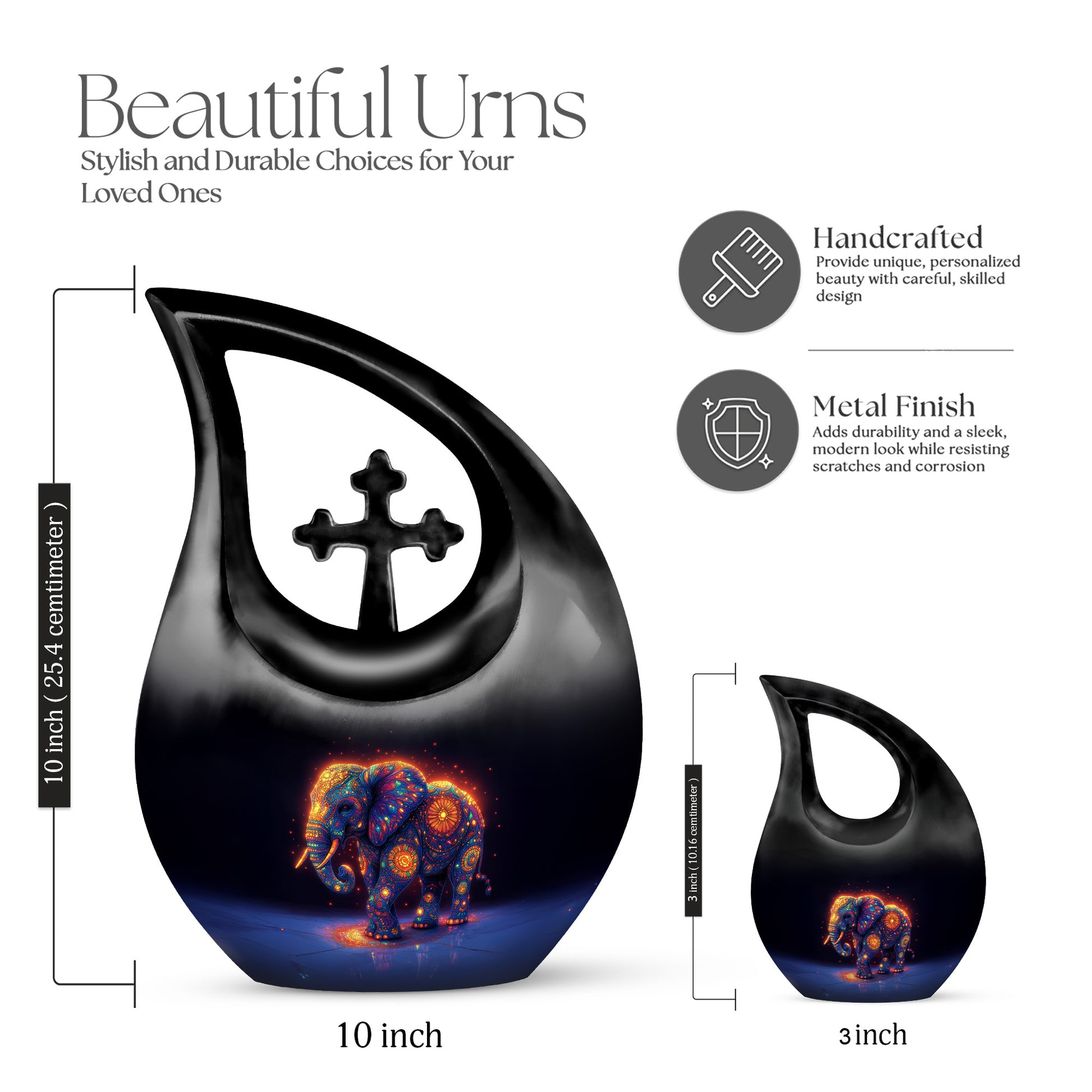 Bright Blue Elephant Cremation Urn back view with polished surface - faith-inspired cross-drop urn with elephant pattern - mini keepsake memorial for portion of cremation ashes