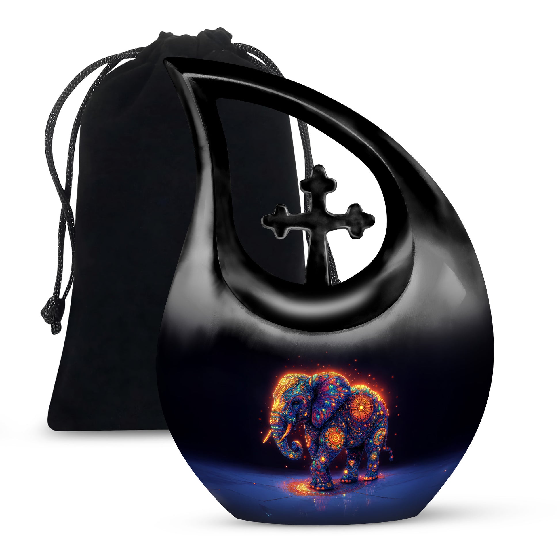 Cornflower Blue Elephant Cremation Urn top-down view of secure threaded lid - faith-inspired cross-drop urn with elephant pattern - full-size 10 inch 200 cubic inch adult cremation urn