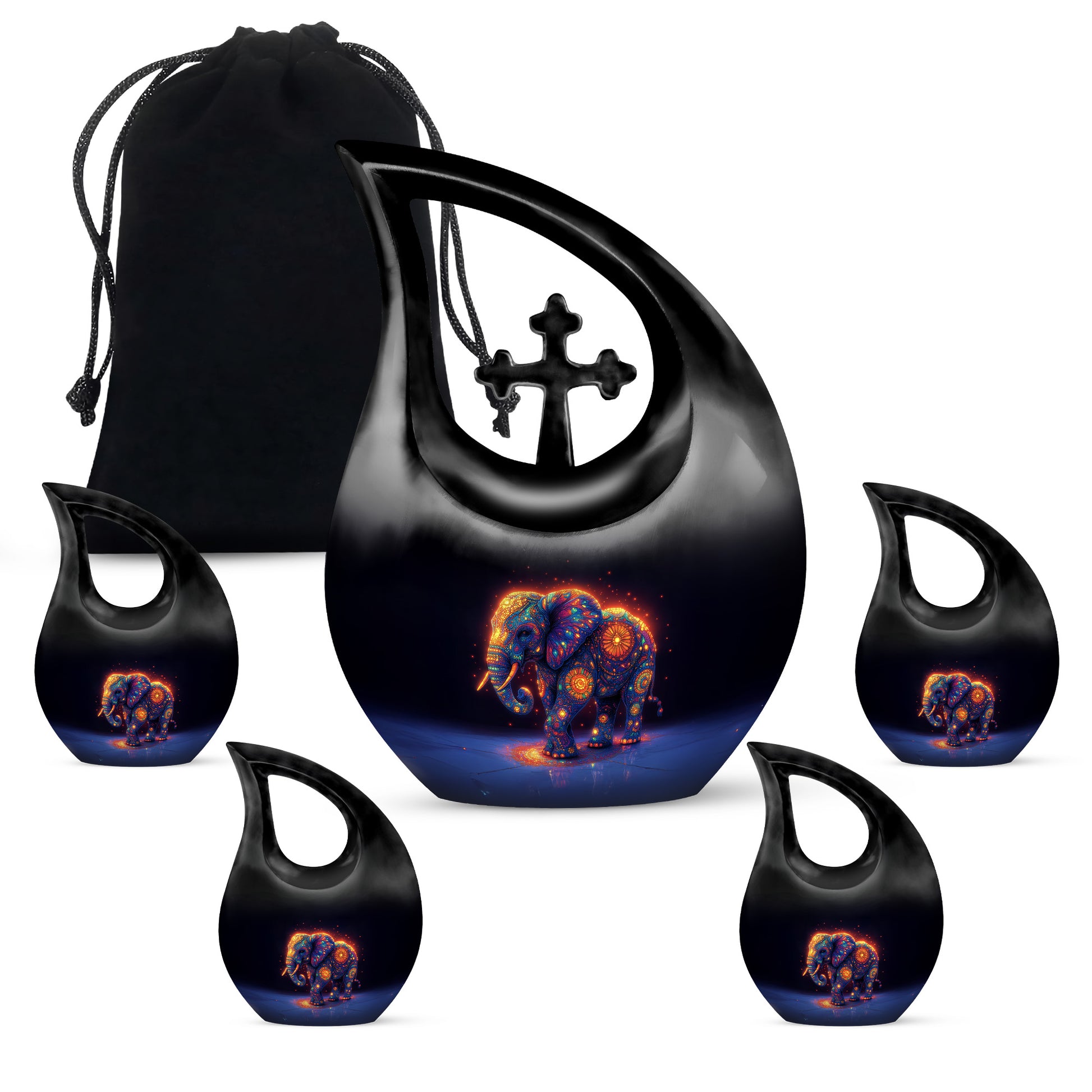 Royal Blue Elephant Cremation Urn urn with complimentary velvet bag - faith-inspired cross-drop urn with elephant pattern - memorial set with one large and four small urns
