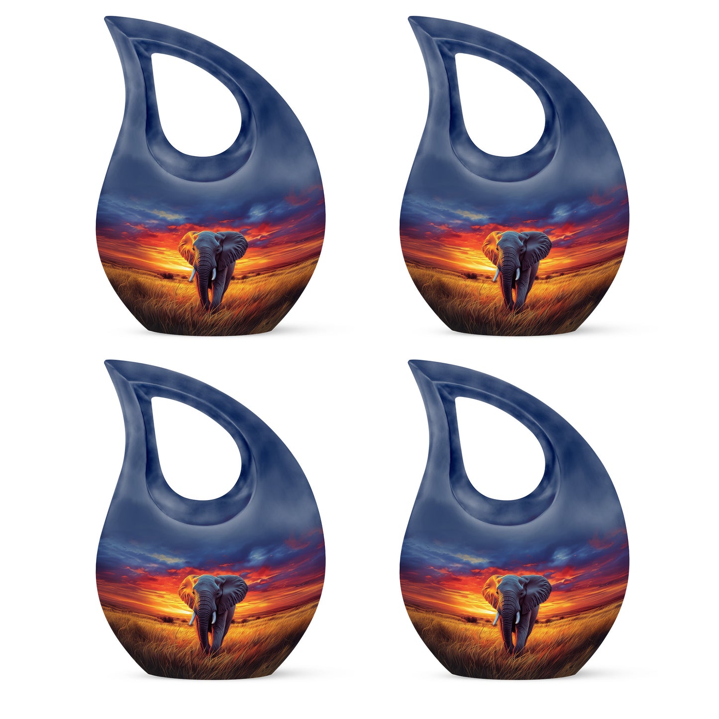 Indigo Elephant Cremation Urn lifestyle display on memorial shelf - sacred cross merged with elephant motif on metal - 10 inch aluminum urn for cremated remains