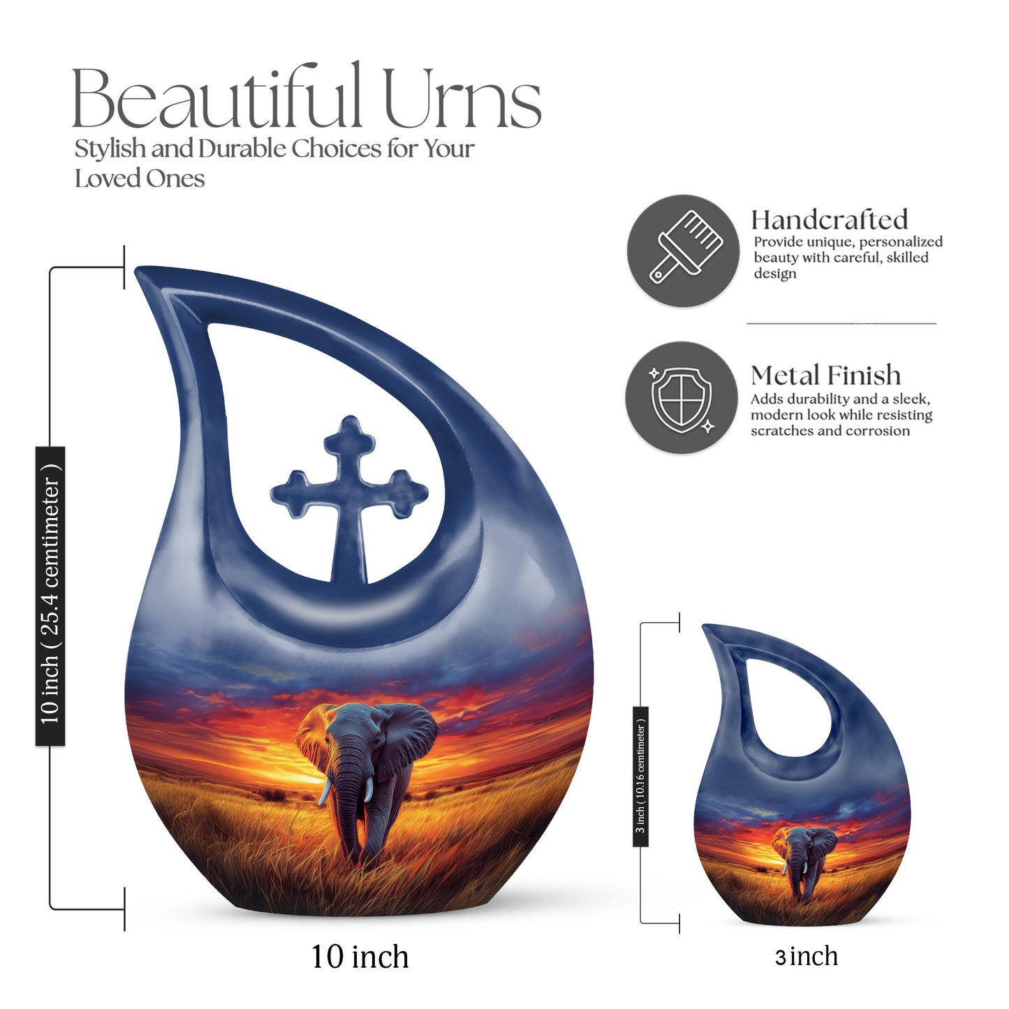 Soft Blue Elephant Cremation Urn back view with polished surface - devotional cross-drop elephant engraving - mini keepsake memorial for portion of cremation ashes