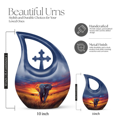 Soft Blue Elephant Cremation Urn back view with polished surface - devotional cross-drop elephant engraving - mini keepsake memorial for portion of cremation ashes