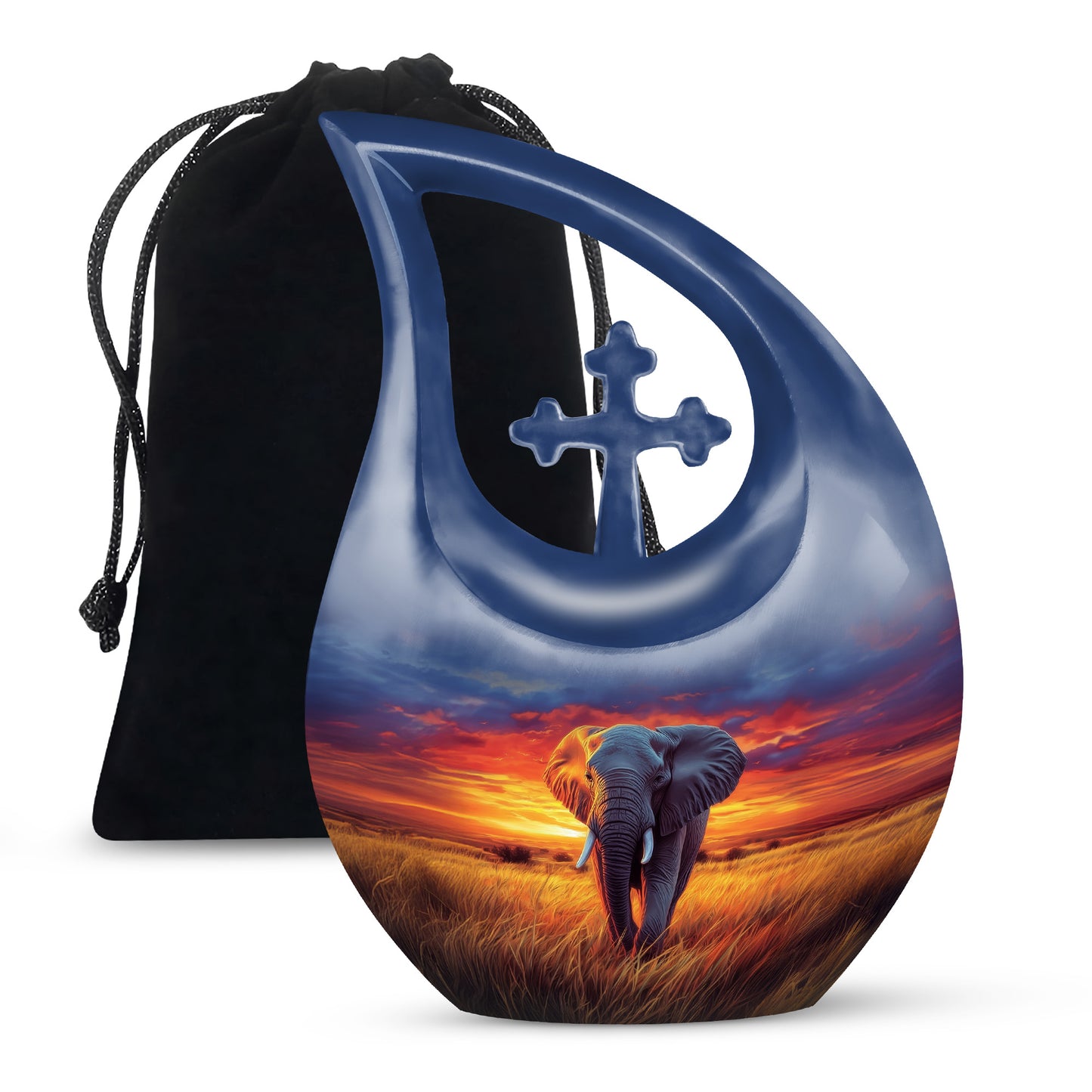 Celestial Blue Elephant Cremation Urn top-down view of secure threaded lid - cross and elephant combined in spiritual memorial design - full-size 10 inch 200 cubic inch adult cremation urn